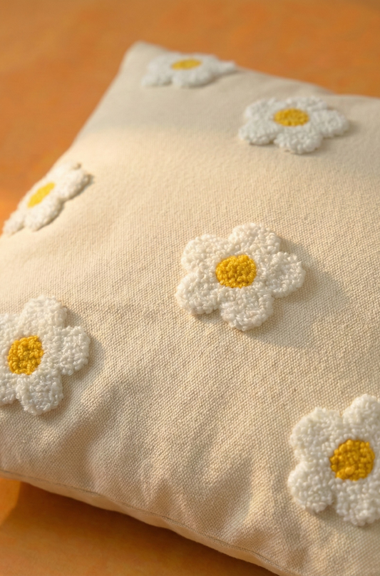 Nakış İşlemeli Kırlent Kılıfı - Papatya Desenli Beyaz