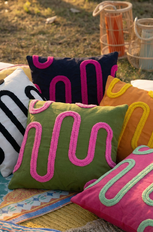 Nakış İşlemeli Kırlent Kılıfı - Geometrik Yeşil