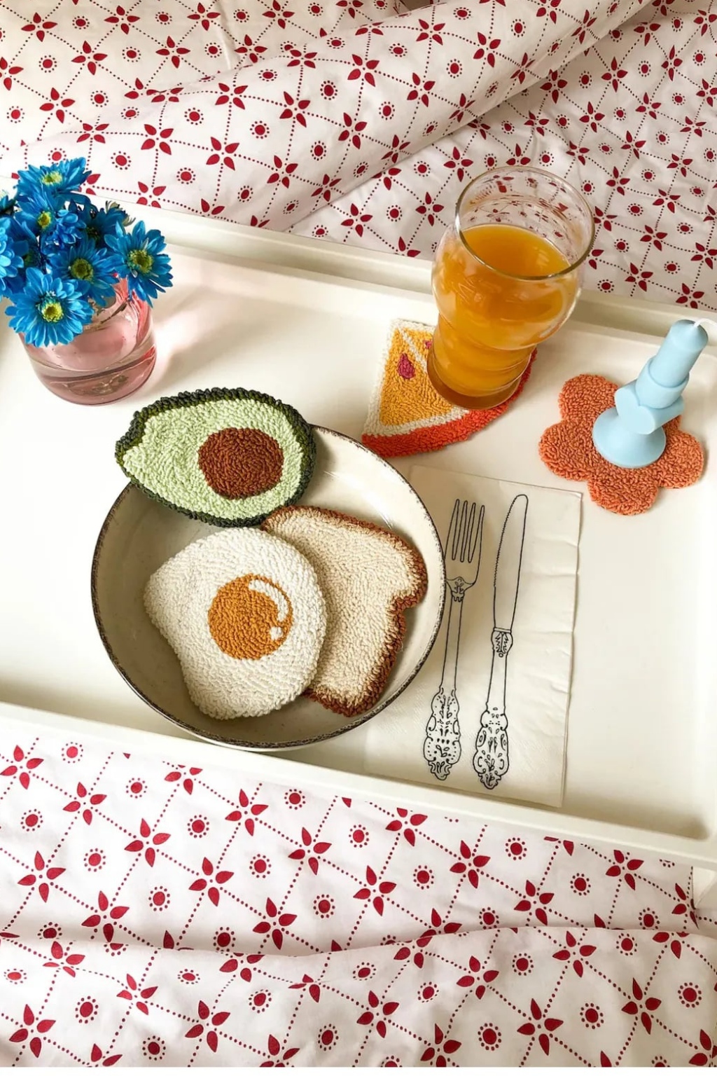 Kahvaltı Avokado Kruvasan Desenli Bardak Altlığı Sunumluk Masa Süsü