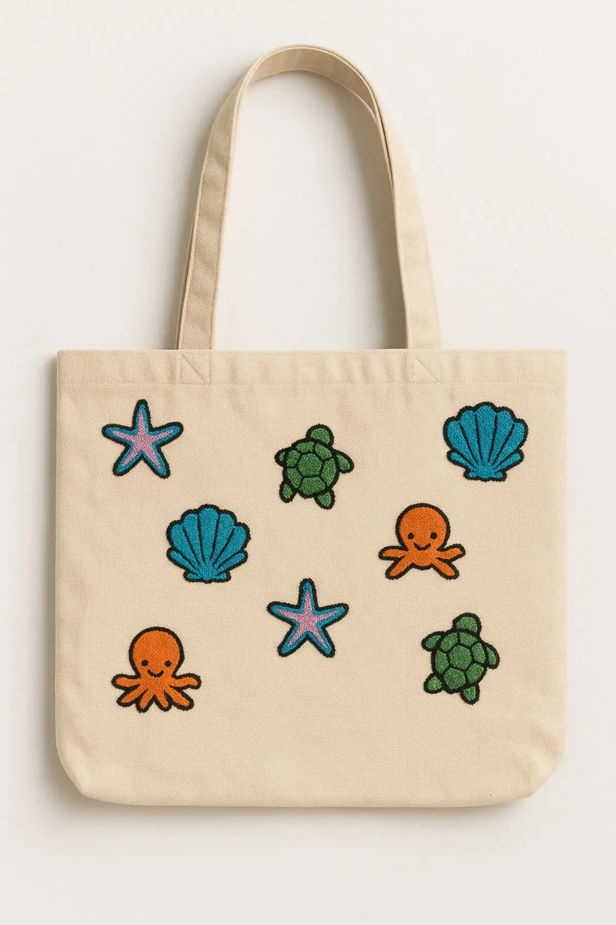 Karışık Deniz Yıldız Ahtapot Nakış İşlemeli Keten Çanta