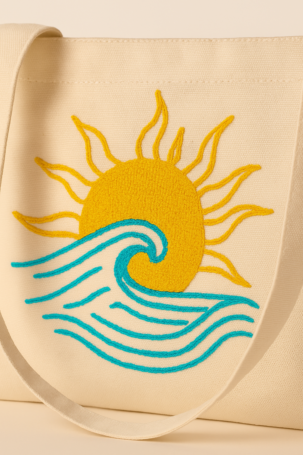 Dalga Güneş Nakış İşlemeli Keten Çanta