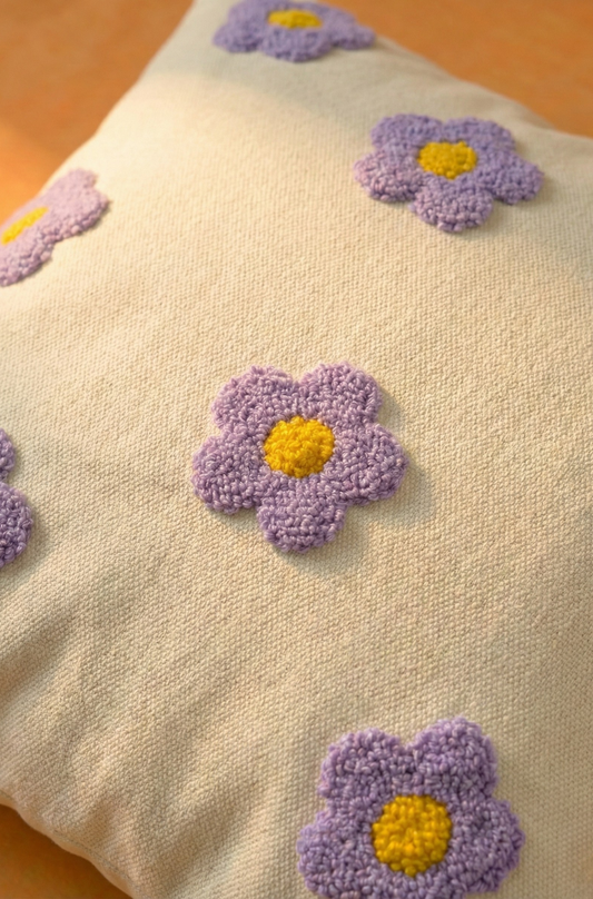 Nakış İşlemeli Kırlent Kılıfı - Papatya Desenli Mor