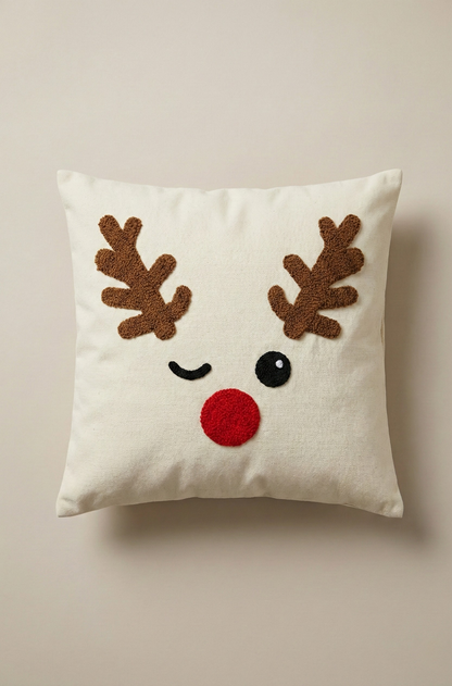 Yılbaşı Desenli Nakış İşlemeli Kırlent Kılıfı - Noel Geyik