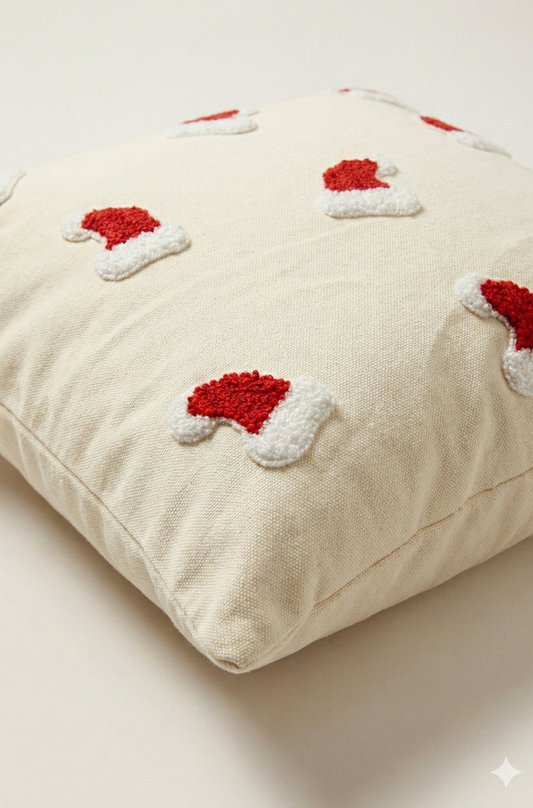 Yılbaşı Desenli Nakış İşlemeli Kırlent Kılıfı - Noel Şapka