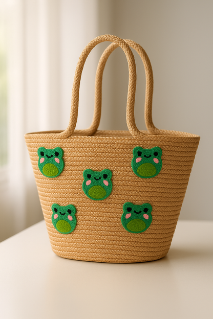 Kurbağa Nakış Detaylı Jüt Plaj Çantası