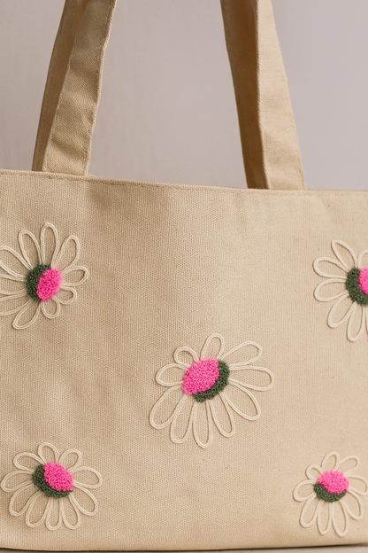 Pembe Papatya Nakış İşlemeli Keten Çanta