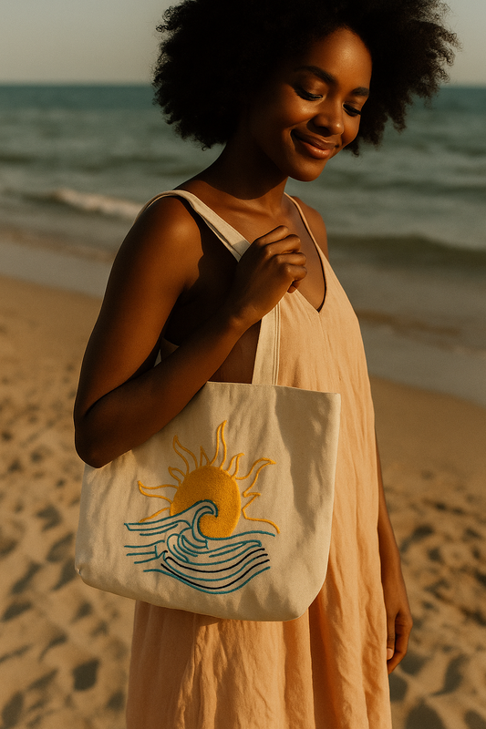 Dalga Güneş Nakış İşlemeli Keten Çanta