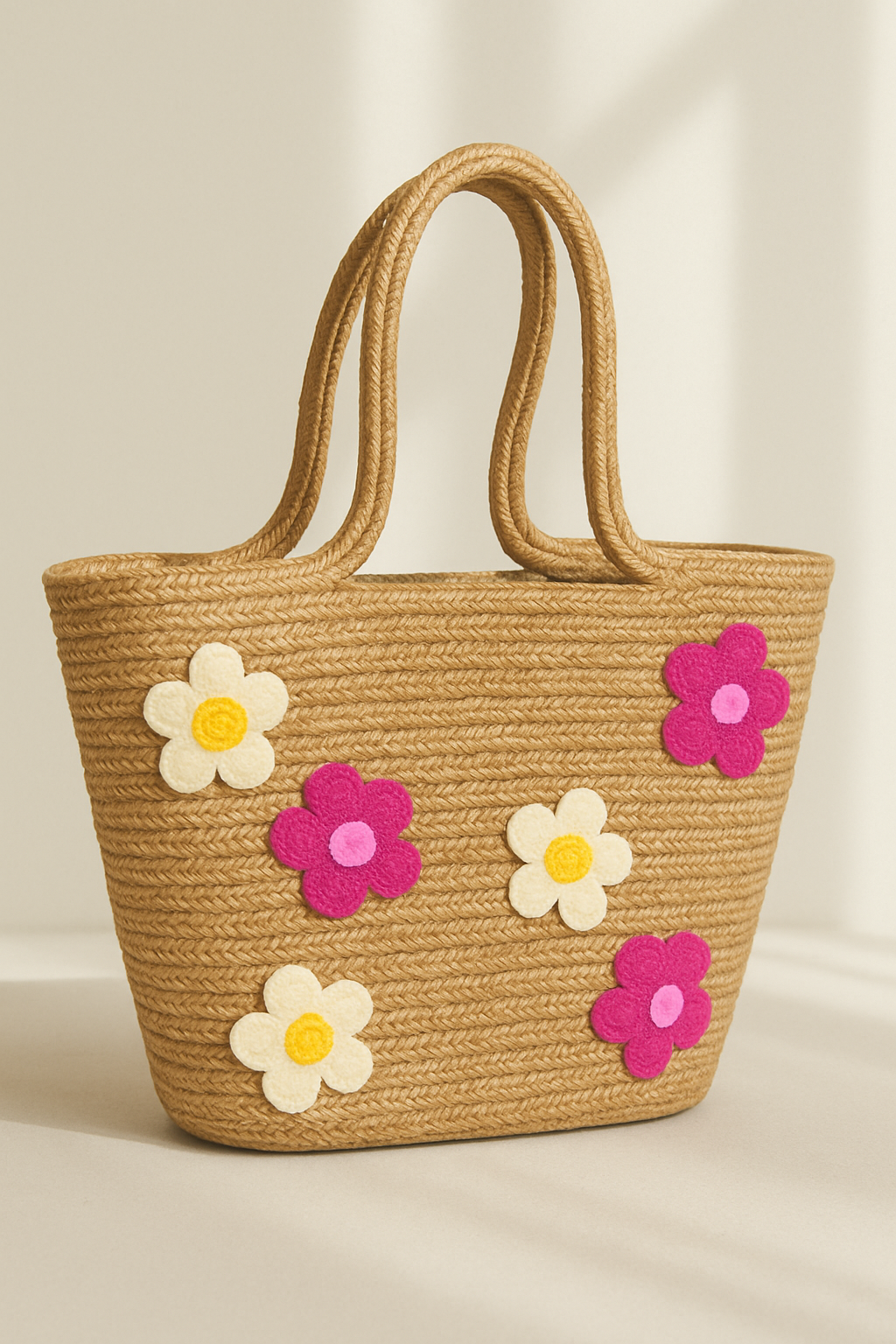Renkli Papatya Nakış Detaylı Jüt Plaj Çantası