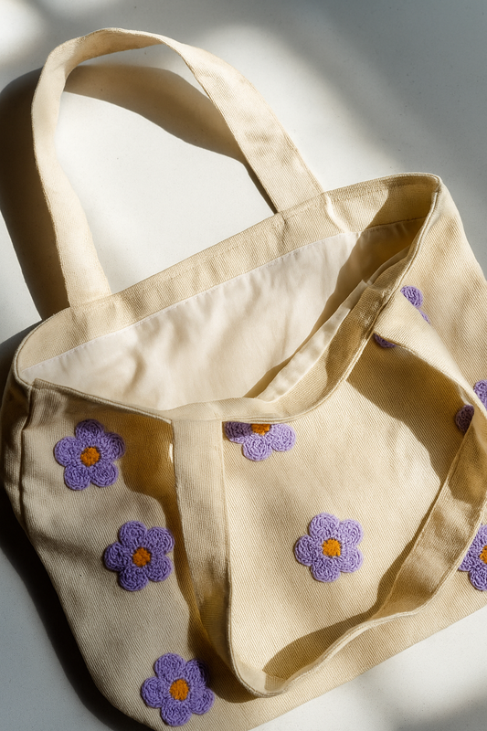 Mor Papatya Nakış İşlemeli Keten Çanta