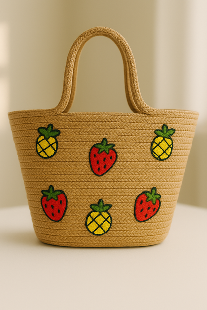 Çilek Ananas Meyve Nakış Detaylı Jüt Plaj Çantası