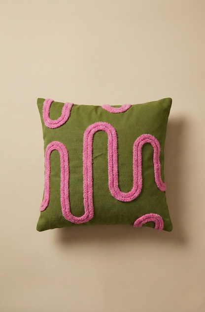 Nakış İşlemeli Kırlent Kılıfı - Geometrik Yeşil