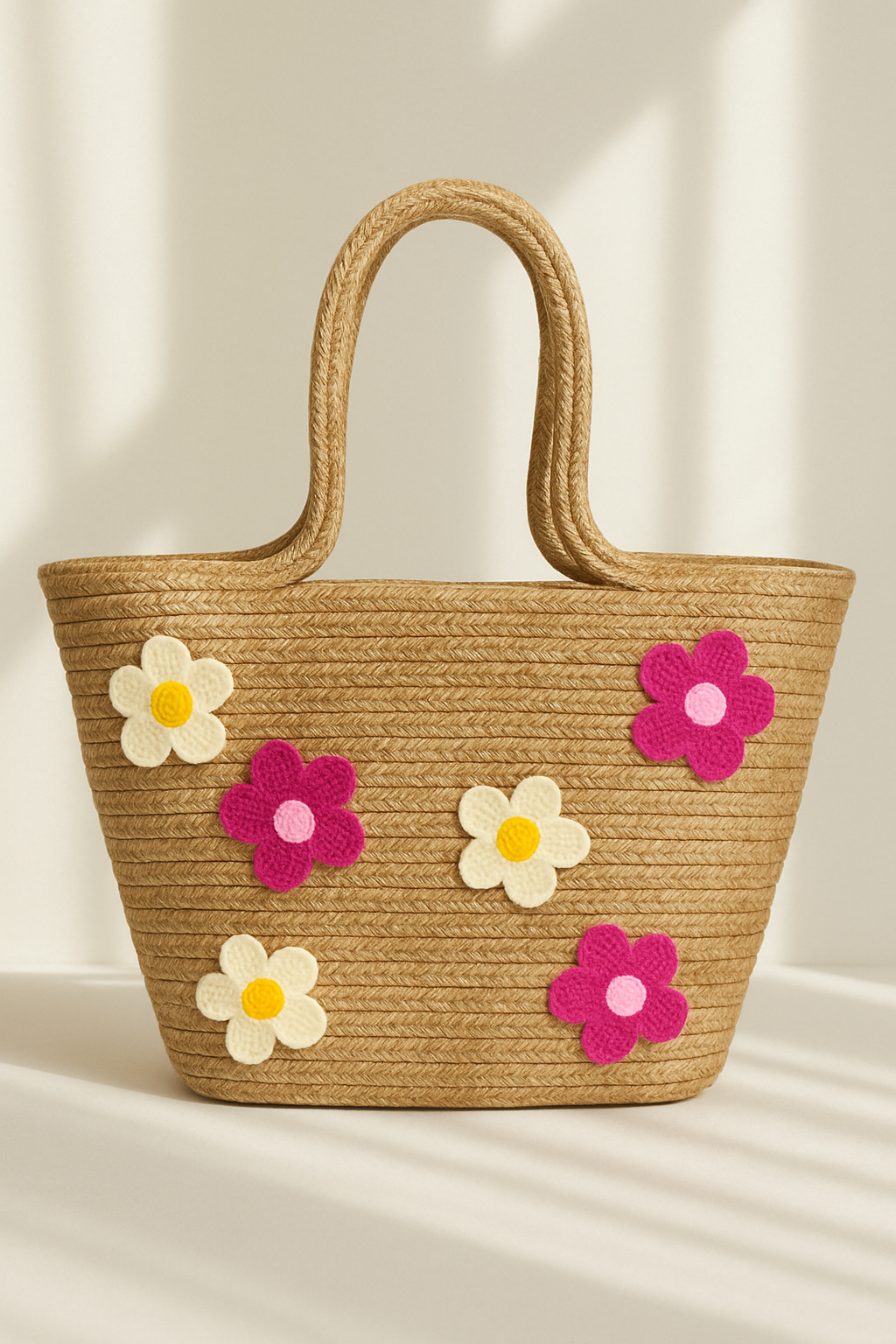Renkli Papatya Nakış Detaylı Jüt Plaj Çantası