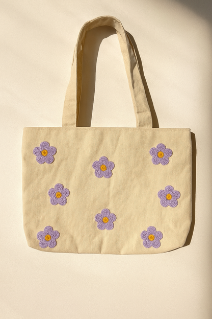 Mor Papatya Nakış İşlemeli Keten Çanta