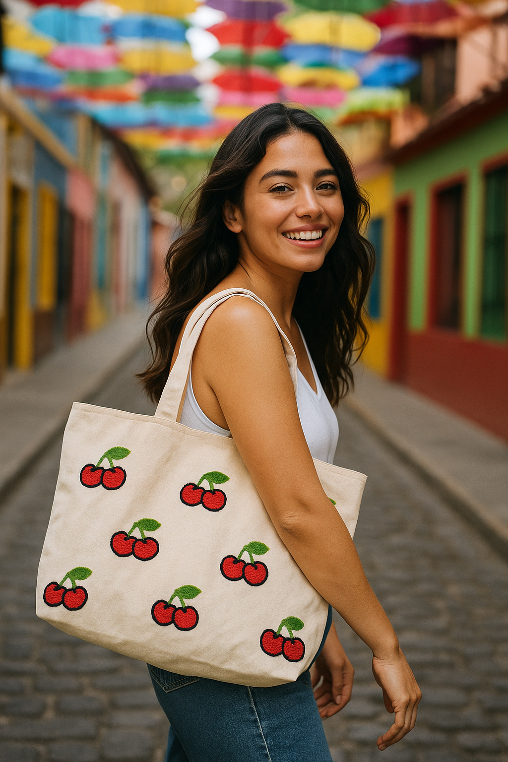 Vişne Nakış İşlemeli Keten Çanta