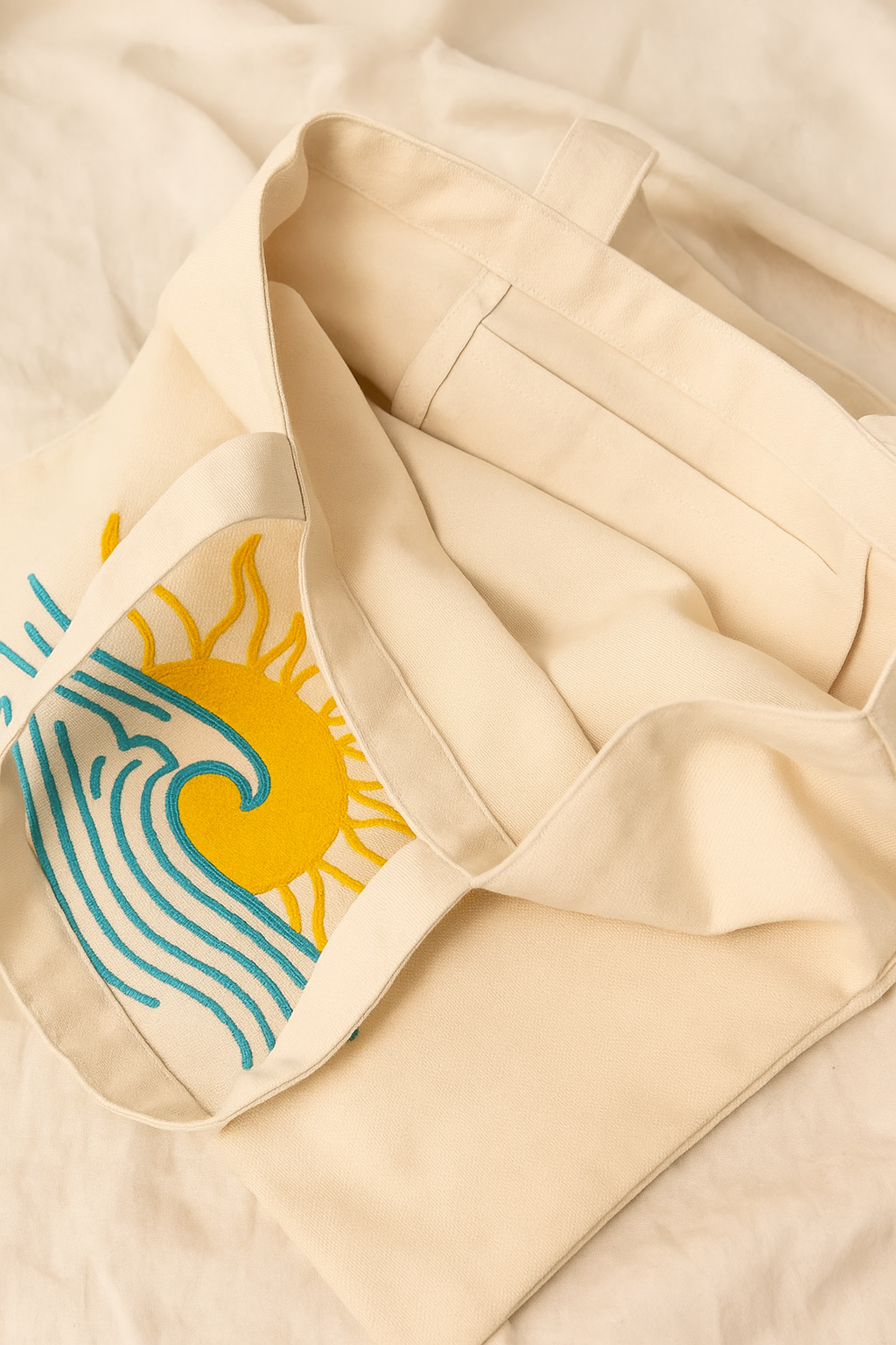 Dalga Güneş Nakış İşlemeli Keten Çanta