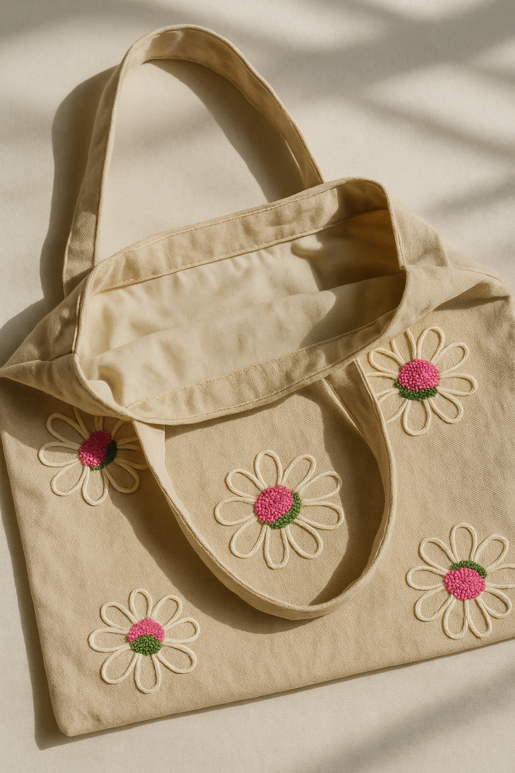 Pembe Papatya Nakış İşlemeli Keten Çanta