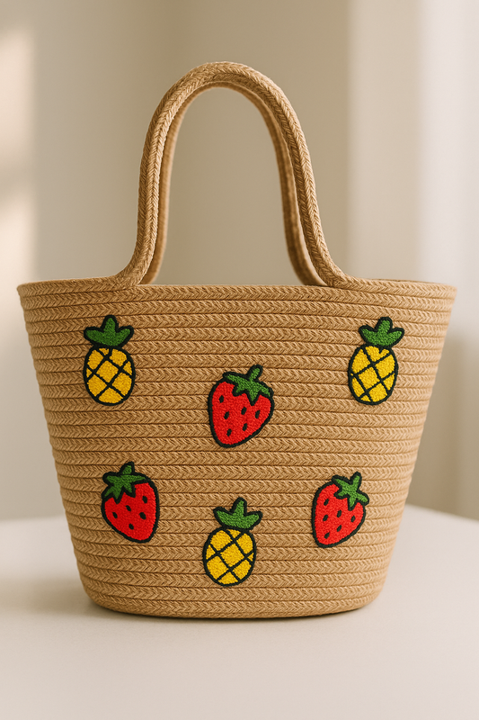 Çilek Ananas Meyve Nakış Detaylı Jüt Plaj Çantası