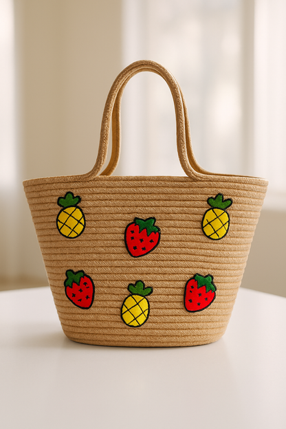 Çilek Ananas Meyve Nakış Detaylı Jüt Plaj Çantası