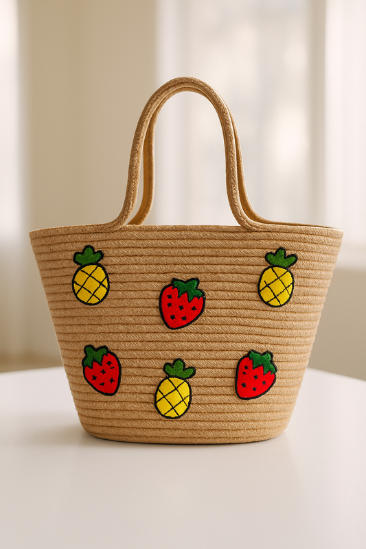 Çilek Ananas Meyve Nakış Detaylı Jüt Plaj Çantası