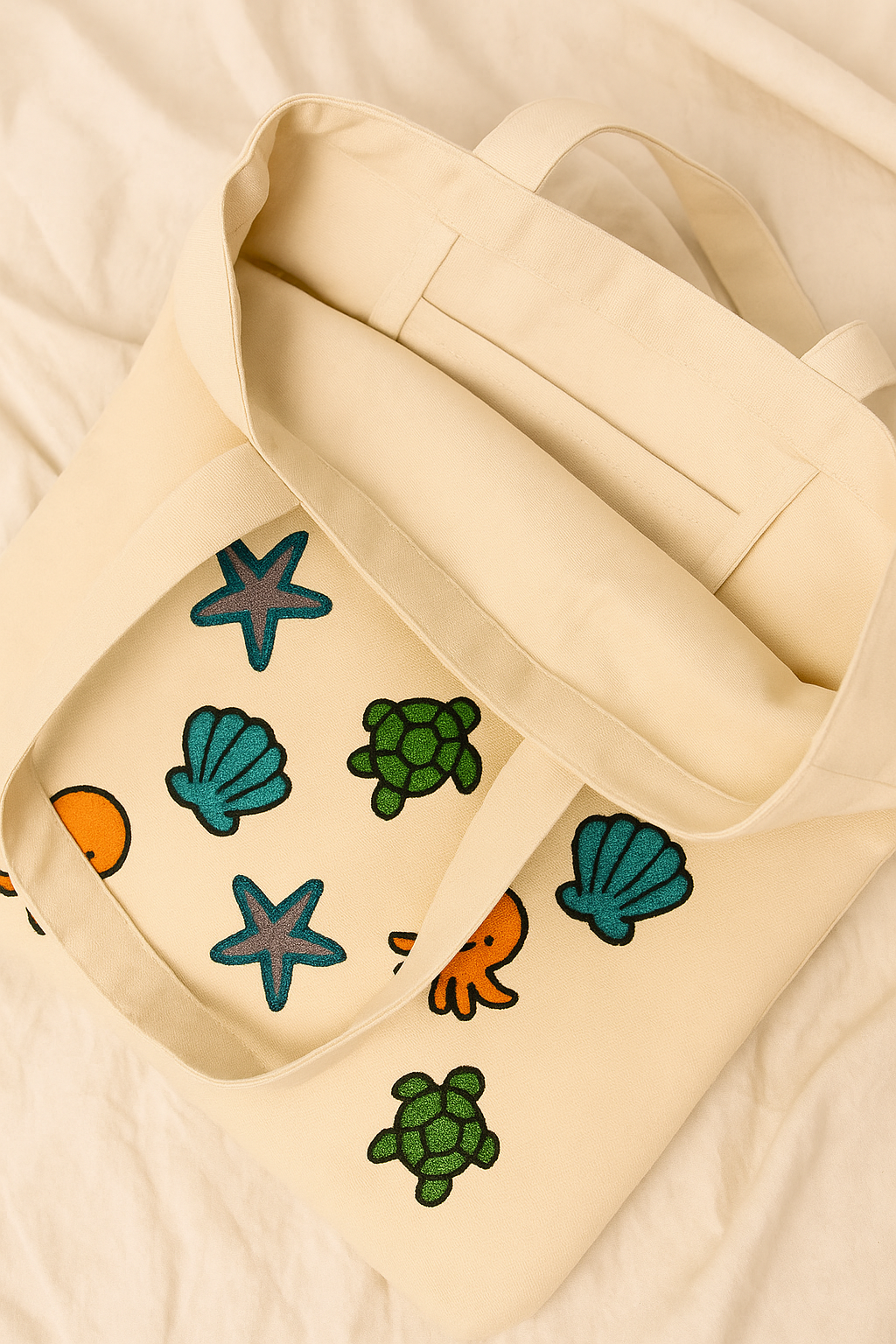Karışık Deniz Yıldız Ahtapot Nakış İşlemeli Keten Çanta