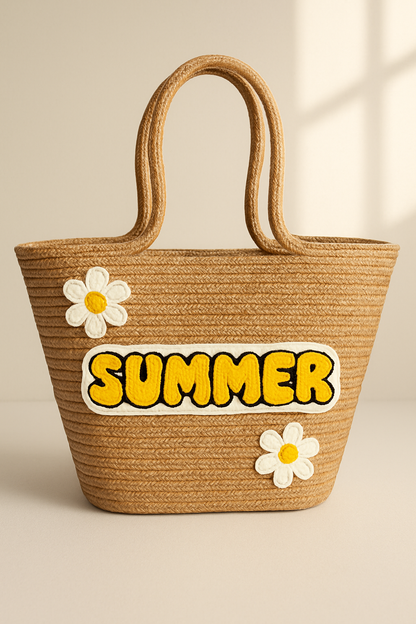 Summer Papatya Nakış Detaylı Jüt Plaj Çantası