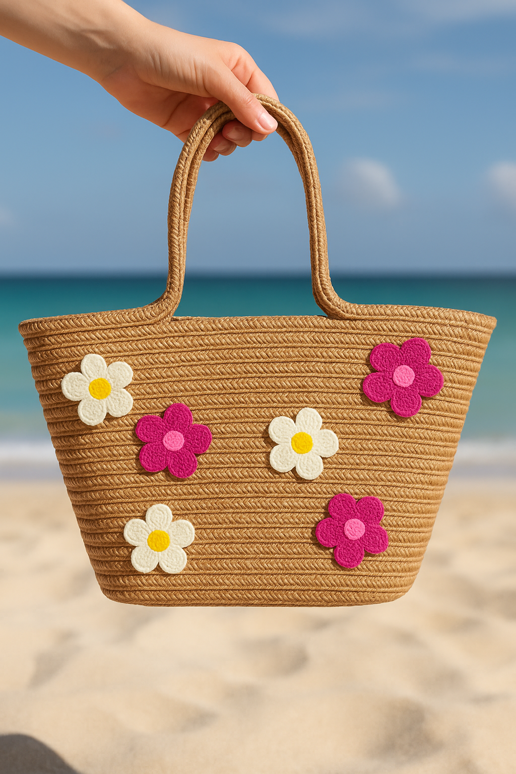 Renkli Papatya Nakış Detaylı Jüt Plaj Çantası