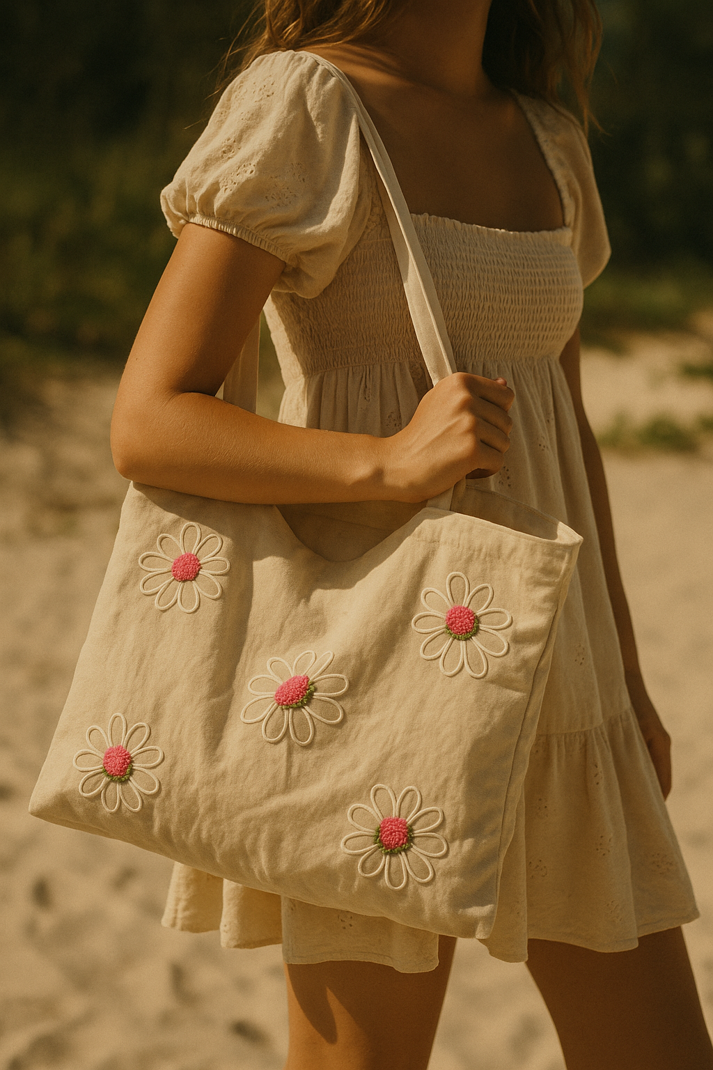 Pembe Papatya Nakış İşlemeli Keten Çanta