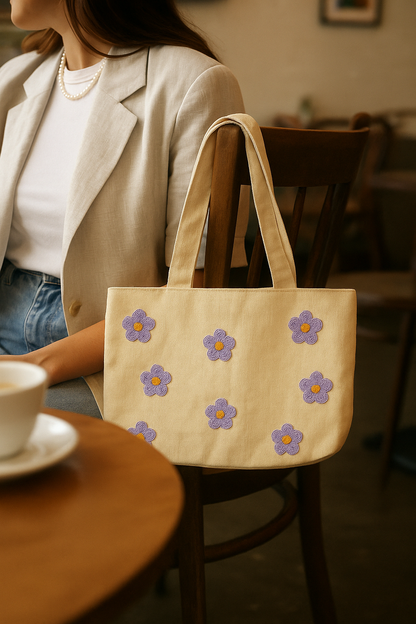 Mor Papatya Nakış İşlemeli Keten Çanta