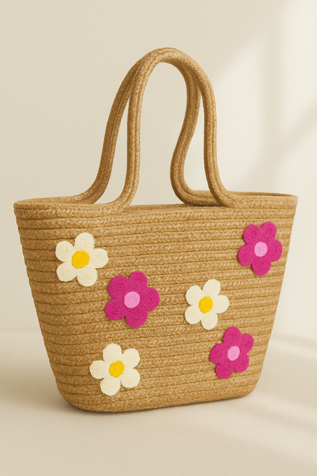 Renkli Papatya Nakış Detaylı Jüt Plaj Çantası