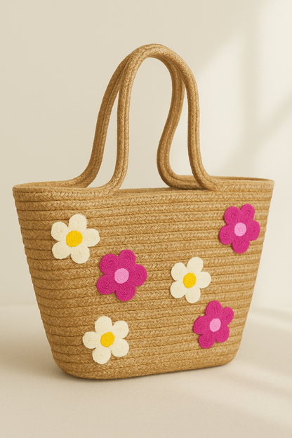 Renkli Papatya Nakış Detaylı Jüt Plaj Çantası