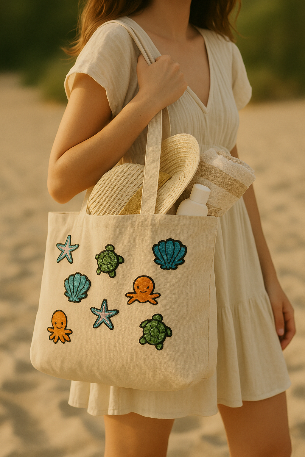 Karışık Deniz Yıldız Ahtapot Nakış İşlemeli Keten Çanta