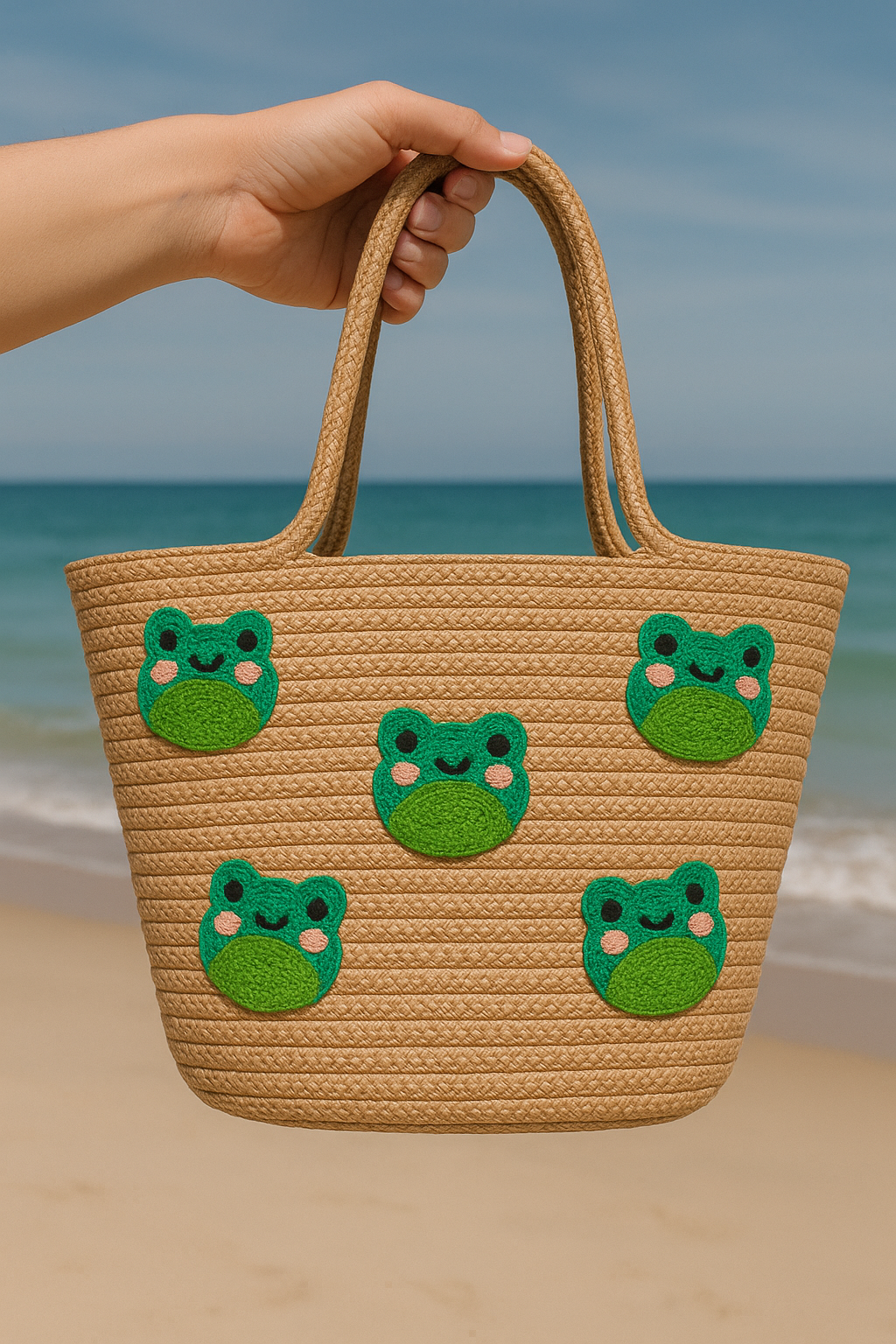 Kurbağa Nakış Detaylı Jüt Plaj Çantası