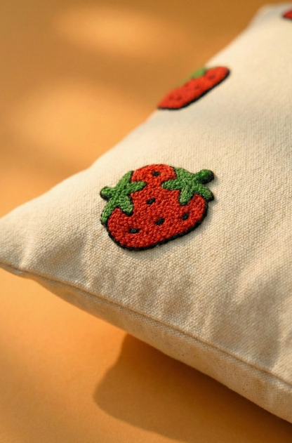 Nakış İşlemeli Kırlent Kılıfı - Çilek Desenli