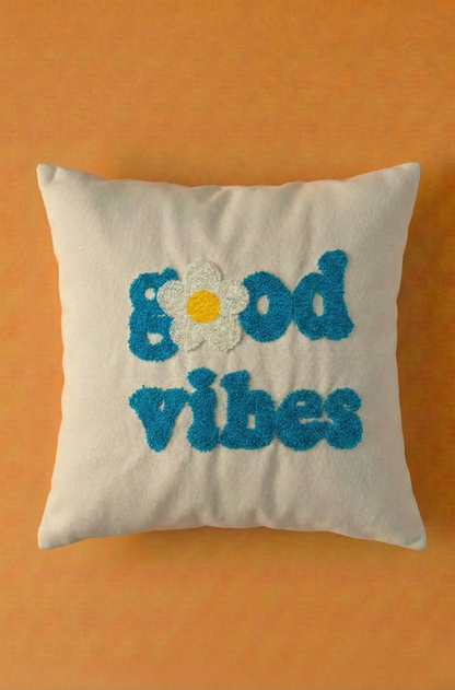 Nakış İşlemeli Kırlent Kılıfı - Good Vibes Mavi