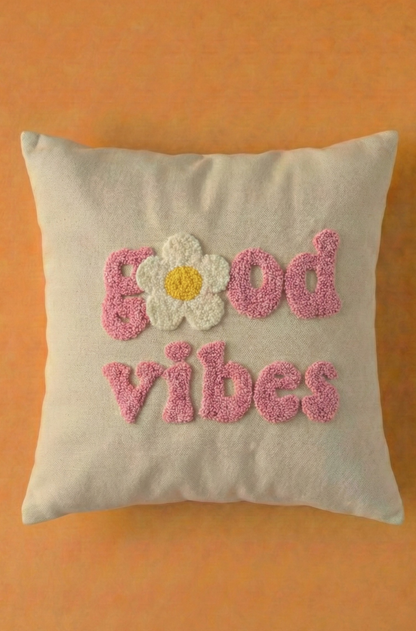 Nakış İşlemeli Kırlent Kılıfı - Good Vibes Pembe