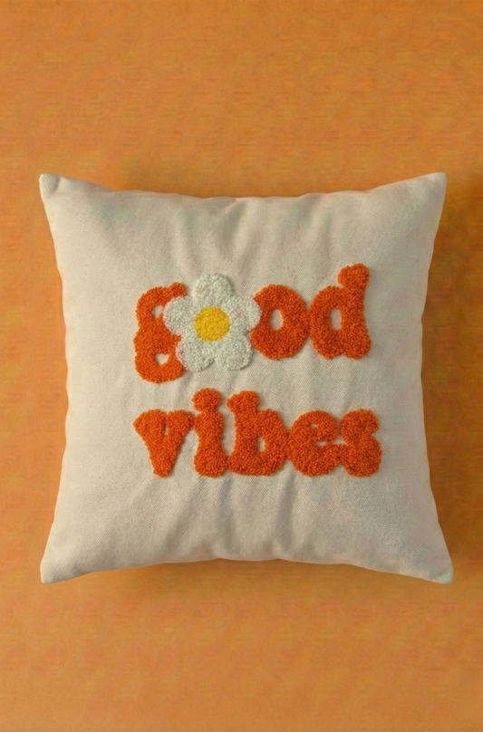 Nakış İşlemeli Kırlent Kılıfı - Good Vibes Turuncu