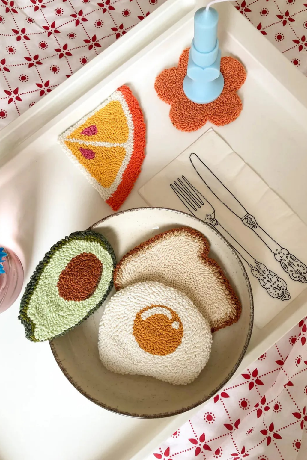 Kahvaltı Avokado Kruvasan  Desenli Bardak Altlığı Sunumluk Masa Süsü