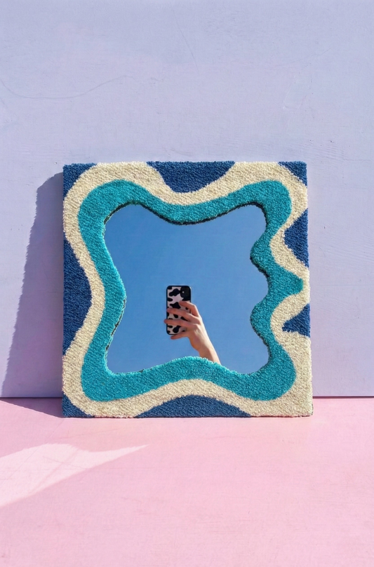 Nakış Detaylı Dekoratif Ayna - Wave Mavi