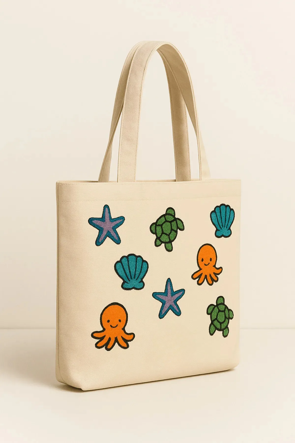 Karışık Deniz Yıldız Ahtapot Nakış İşlemeli Keten Çanta