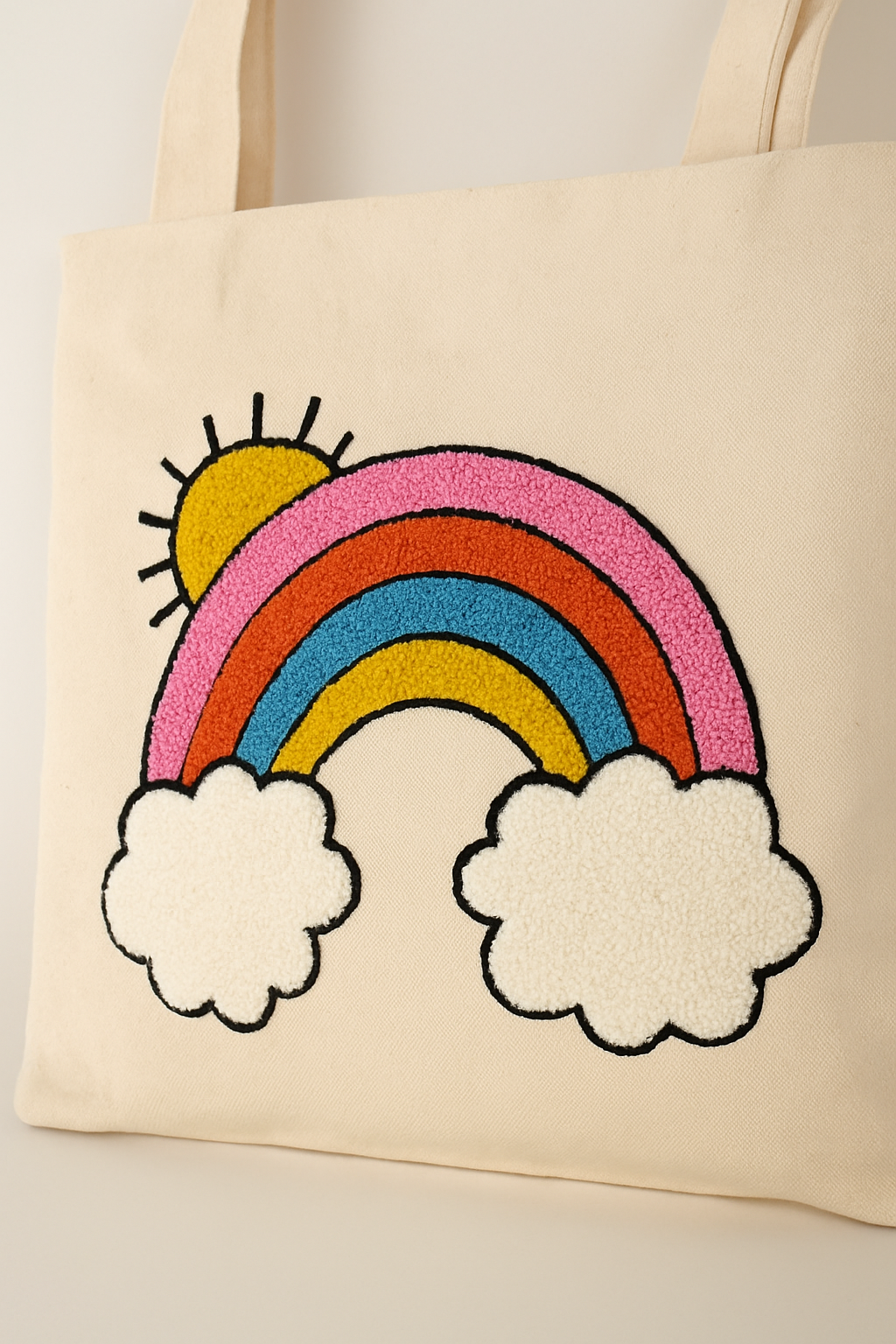 Gökkuşağı Bulut Güneş Nakış İşlemeli Keten Çanta