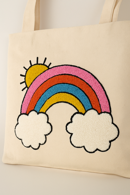 Gökkuşağı Bulut Güneş Nakış İşlemeli Keten Çanta