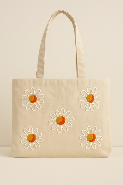 Turuncu Papatya Nakış İşlemeli Keten Çanta