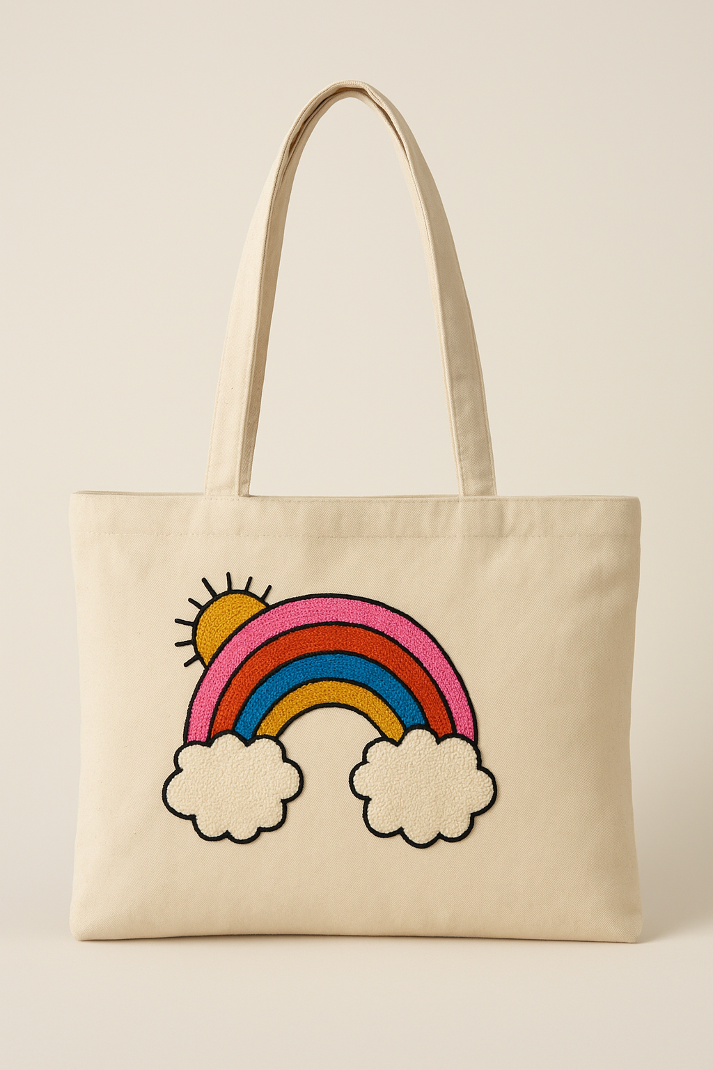 Gökkuşağı Bulut Güneş Nakış İşlemeli Keten Çanta