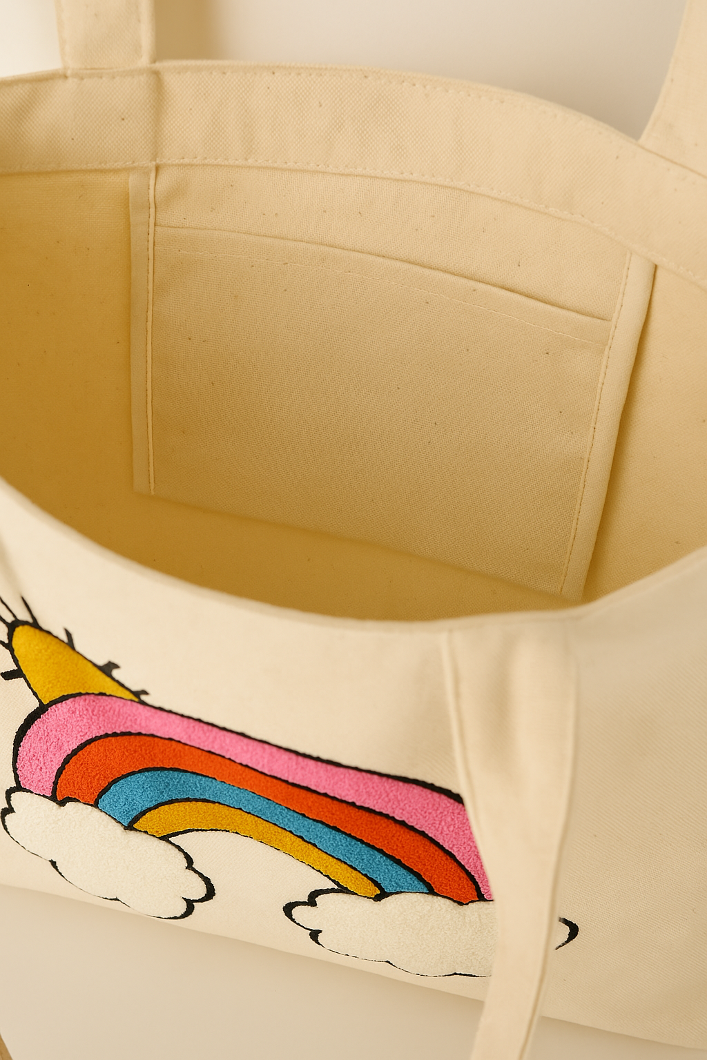 Gökkuşağı Bulut Güneş Nakış İşlemeli Keten Çanta