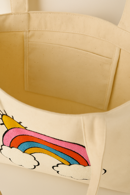 Gökkuşağı Bulut Güneş Nakış İşlemeli Keten Çanta