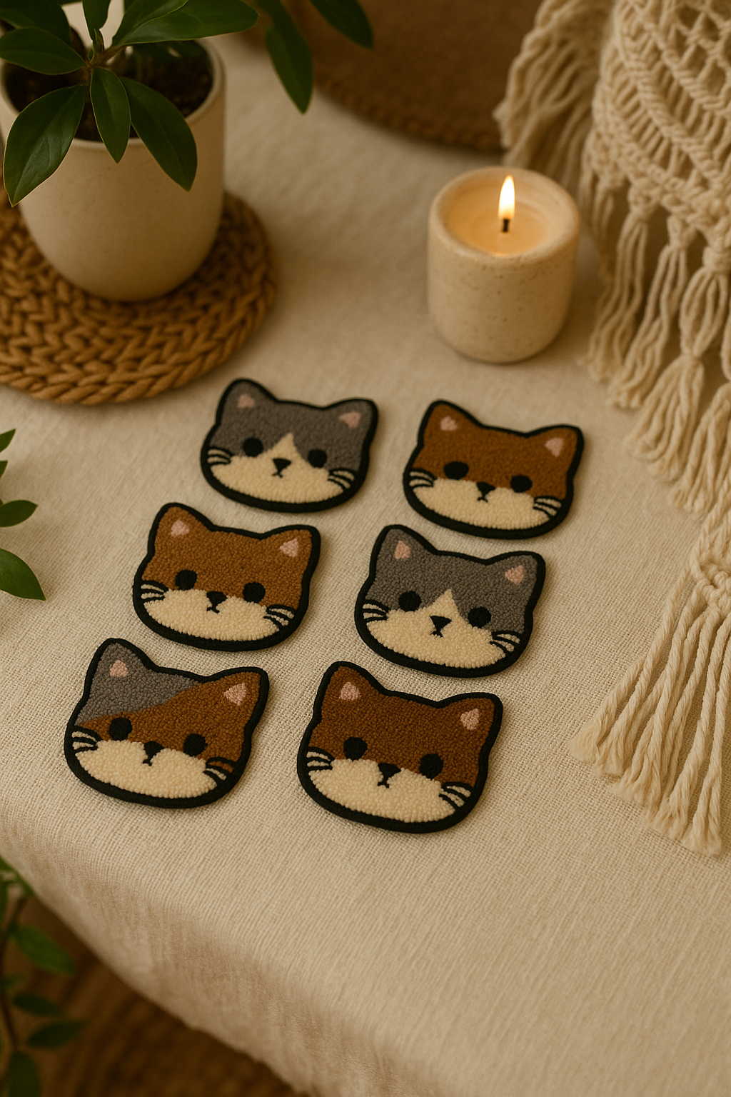 Kedi Desenli Bardak Altlığı Sunumluk Masa Süsü