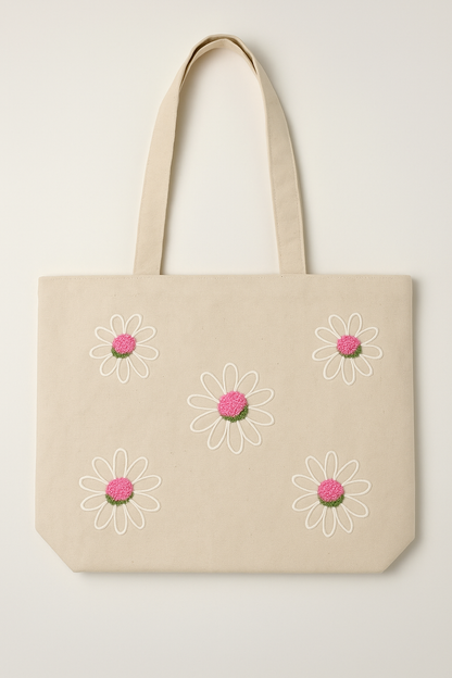Pembe Papatya Nakış İşlemeli Keten Çanta