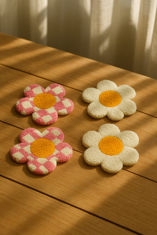 Nakış İşlemeli Bardak Altlığı Sunumluk - Papatya Pembe Set
