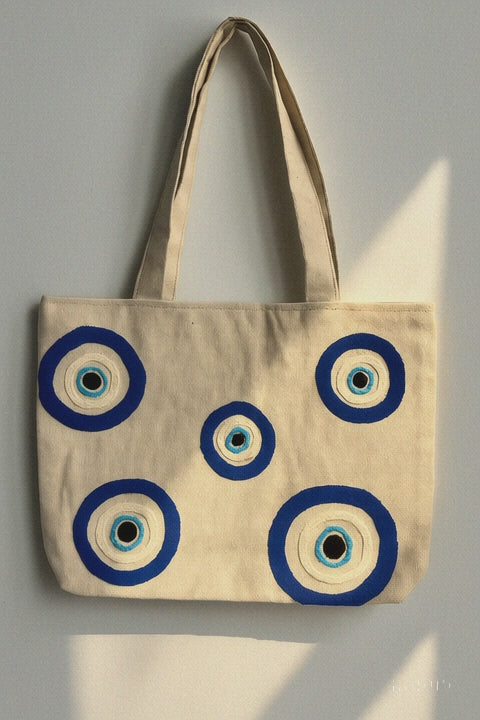 Nazar Boncuğu Nakış İşlemeli Keten Çanta