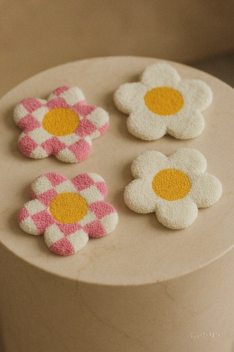 Nakış İşlemeli Bardak Altlığı Sunumluk - Papatya Pembe Set